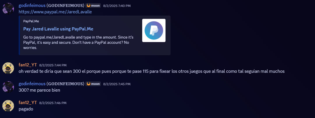 Discord confirmation of a paid commission from Fan12YT