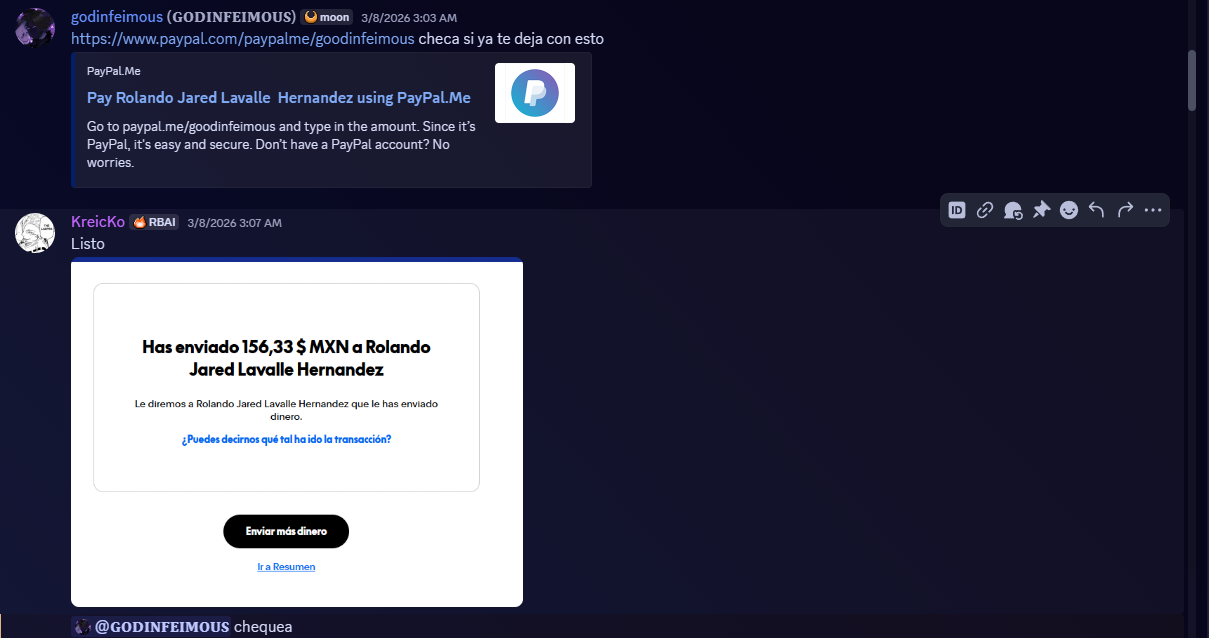 Client PayPal payment confirmation shared through Discord