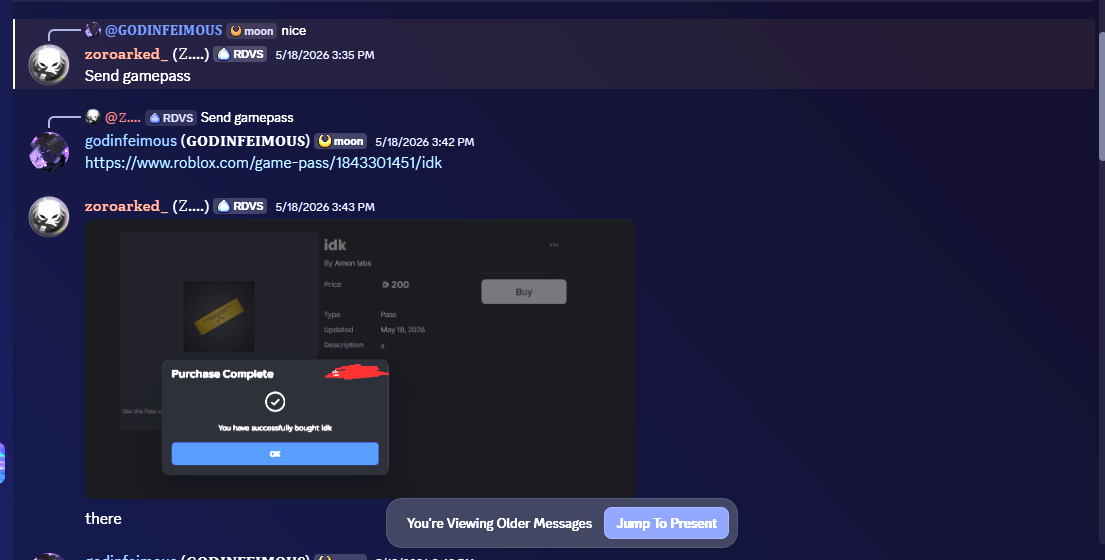 Robux game pass purchase used for a completed commission